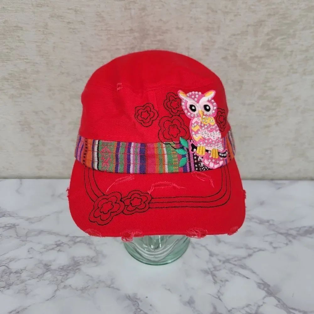 Y2K Red Owl Embroidered Cap Hat Distressed